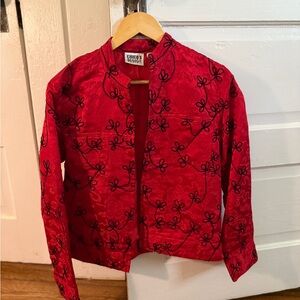 Chico's Vibrant Red Jacket with Black Embroidery